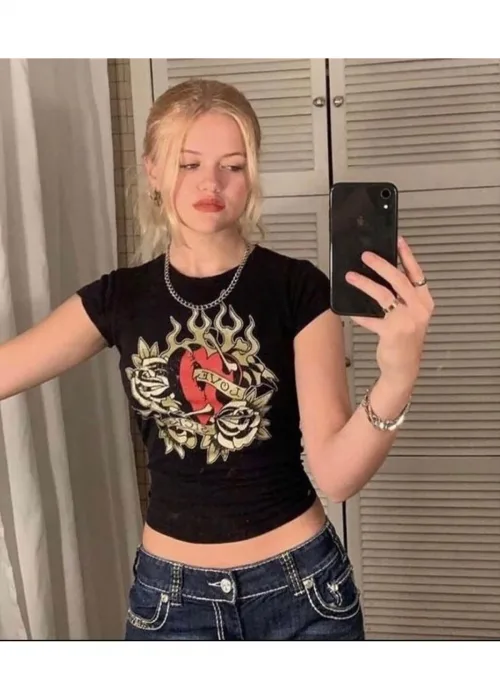 Love Skull Baskılı Siyah Body Crop Bluz