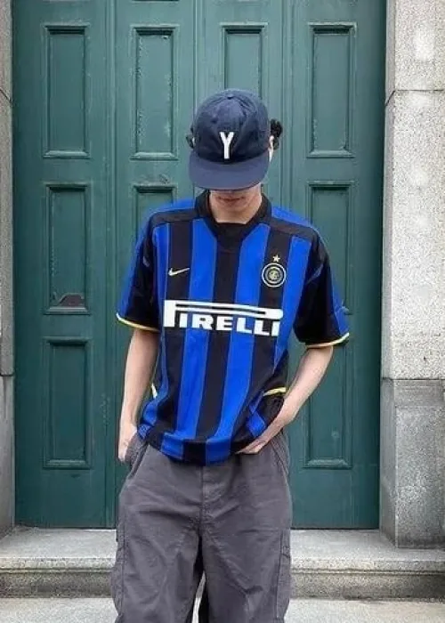 Mavi Siyah Çubuklu Inter Milan Jersey T-Shirt