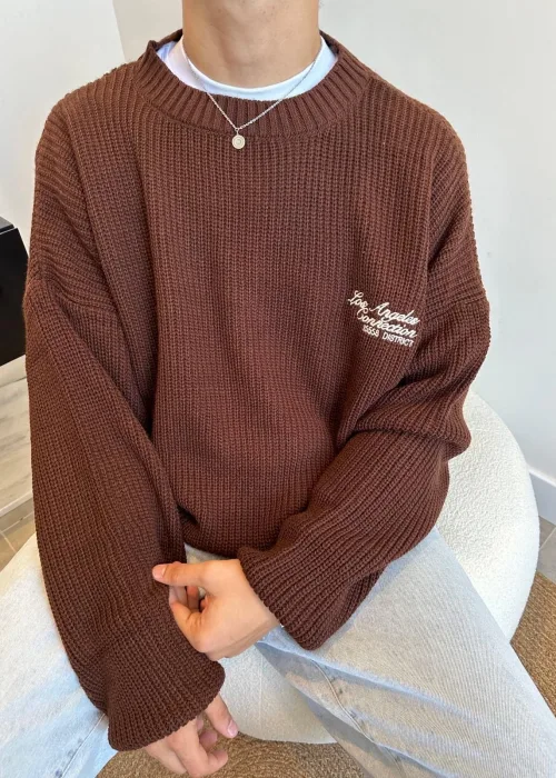 Minimal Nakışlı KAHVERENGİ Bisiklet Yaka Kazak