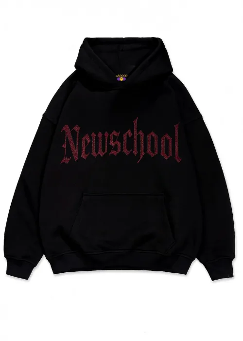 NewSchool Kırmızı Taş Baskılı Oversize Unisex Kapüşonlu Sweatshirt