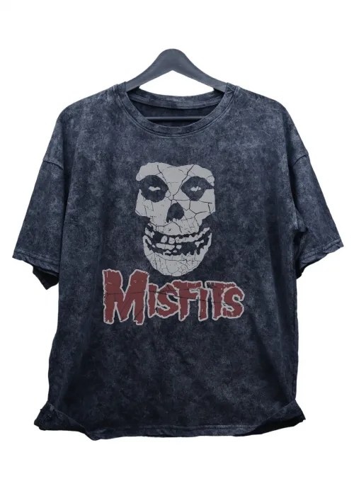 Oversize Misfits Yazılı Yıkamalı T-Shirt, Unisex Rock Metal Müzik Baskılı Retro Tişört