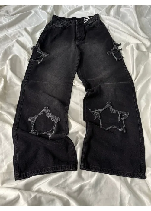 Parça Yıldızlı Siyah Taşlamalı Pantolon