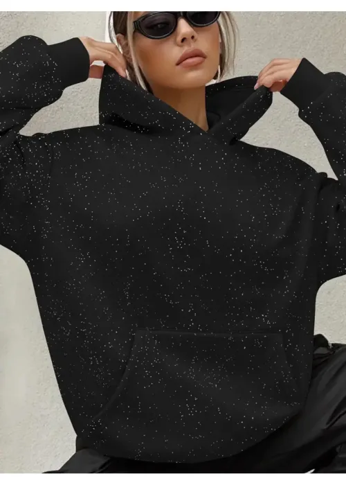 Parıltılı Taş Baskılı Kapüşonlu Oversize 3 İplik Sweat