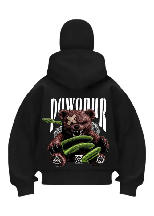Pawour Bear Baskılı Siyah Samuray Kar Maske Sweatshirt Hırka