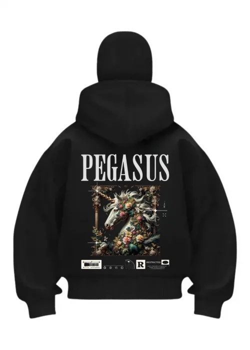 Pegasus Baskılı Siyah Samuray Kar Maske Sweatshirt Hırka
