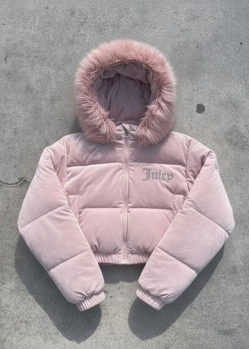 Pembe Juicy Peluş Kapüşonlu Şişme Crop Mont