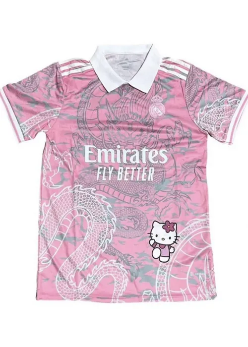 Pembe Kitty FORMA Madrid Dragon Jersey Beyaz Düğmeli Yaka T-shirt