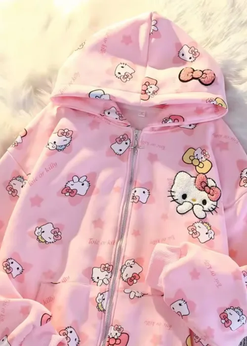 Pembe Sanrio Anime Kawaii Hello Kitty Detaylı Hırka