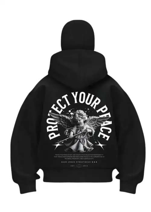 Protect Angel Baskılı Siyah Samuray Kar Maske Sweatshirt Hırka