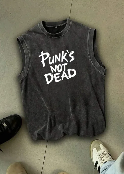Punks Not Dead Atlet Bisiklet Yaka Yıkamalı Vintage Unisex Oversize T-Shirt