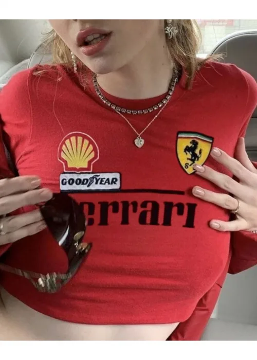 Race Baskılı Kırmızı Crop Bluz