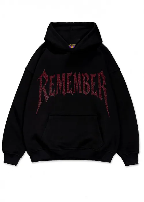 Remember Kırmızı Taş Baskılı Oversize Unisex Kapüşonlu Sweatshirt