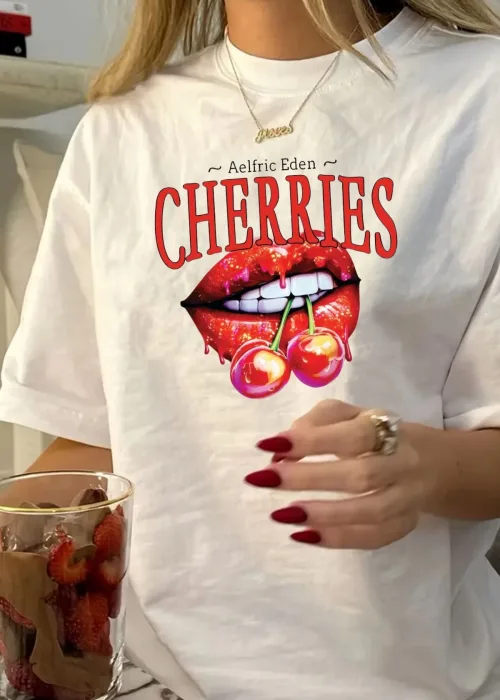 Retro Cherries Baskılı Unisex Oversize T-shirt