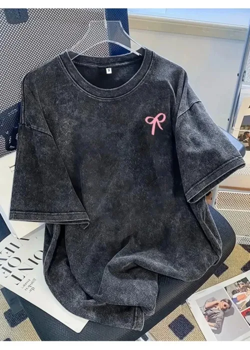 Ribbon Baskı Detaylı Oversize Unisex Kısa Kol TShirt