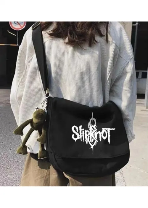 Rock Serisi Slipknot Baskılı Unisex Siyah Postacı Çantası