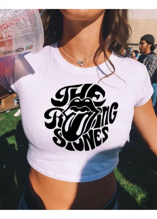 Rolling Stones Desenli Kısa Kollu Crop Body