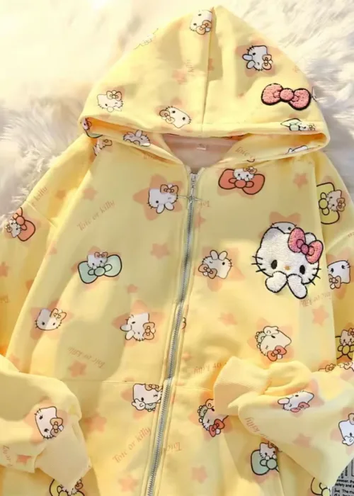 Sarı Sanrio Anime Kawaii Hello Kitty Detaylı Hırka