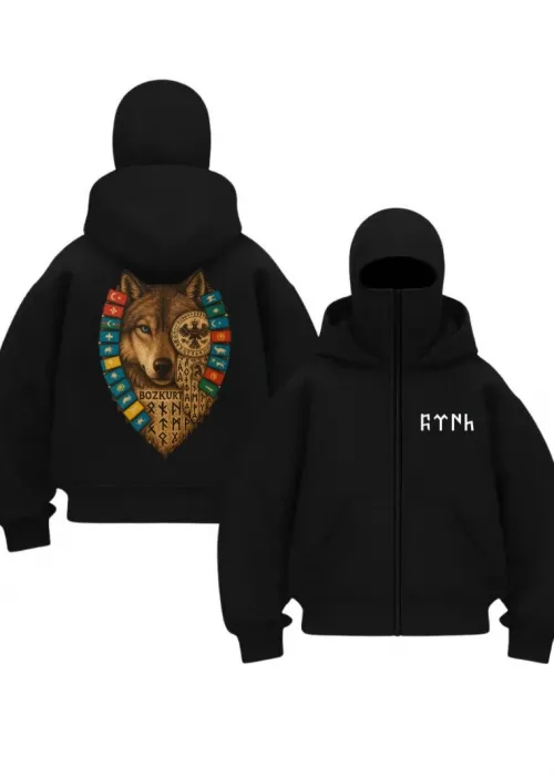 Siyah 19 Bayraklı Türk Devleti Baskılı Kar Maskeli Unisex Sweatshirt Hırka