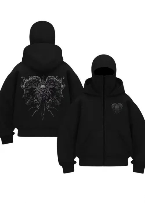 Siyah Gothic Warrior Baskılı Kar Maskeli Unisex Sweatshirt Hırka