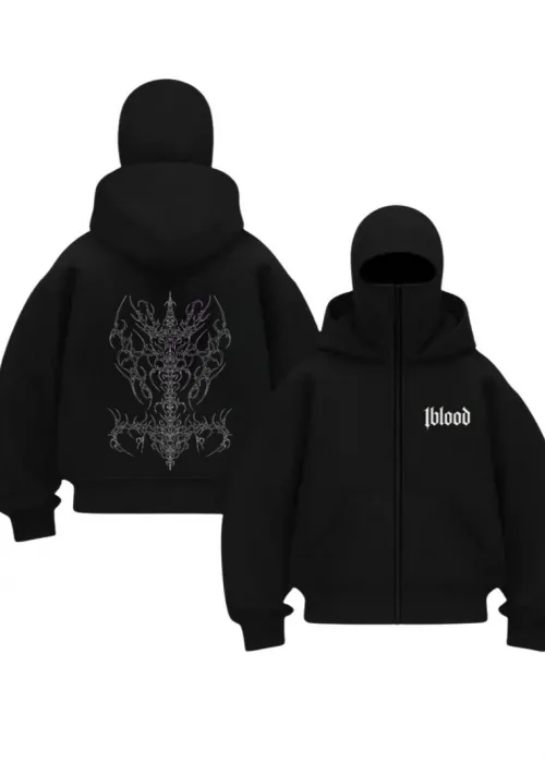 Siyah Bloodthorn Ritual Baskılı Kar Maskeli Unisex Sweatshirt Hırka