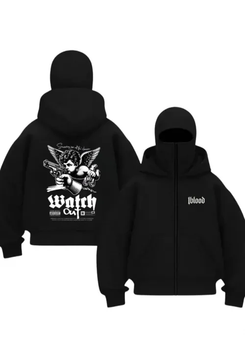 Siyah Watch Out Melek Baskılı Kar Maskeli Unisex Sweatshirt Hırka