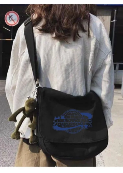 Siyah Aesthetic Baskılı Unisex Askılı Postacı Çanta