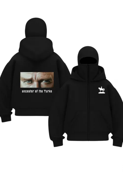 Siyah ATATÜRK Baskılı Kar Maskeli Unisex Sweatshirt Hırka