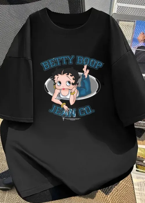 Siyah Betty Boop Baskılı Unisex Oversize T-shirt