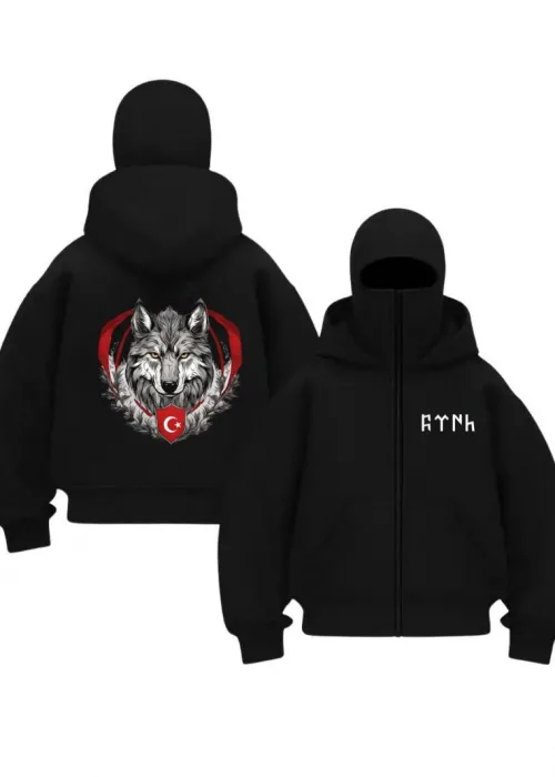 Siyah Bozkurt & Ay Yıldız Baskılı Kar Maskeli Unisex Sweatshirt Hırka