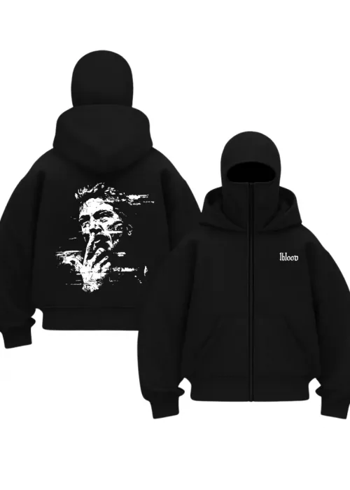 Siyah Dark Silence Baskılı Kar Maskeli Unisex Sweatshirt Hırka