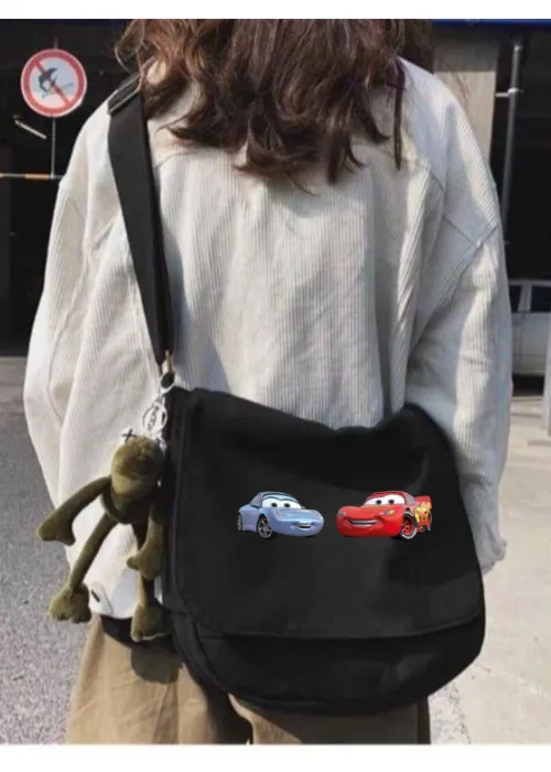 Siyah Cars Mcqueen and Sally Baskılı Unisex Askılı Postacı Çanta