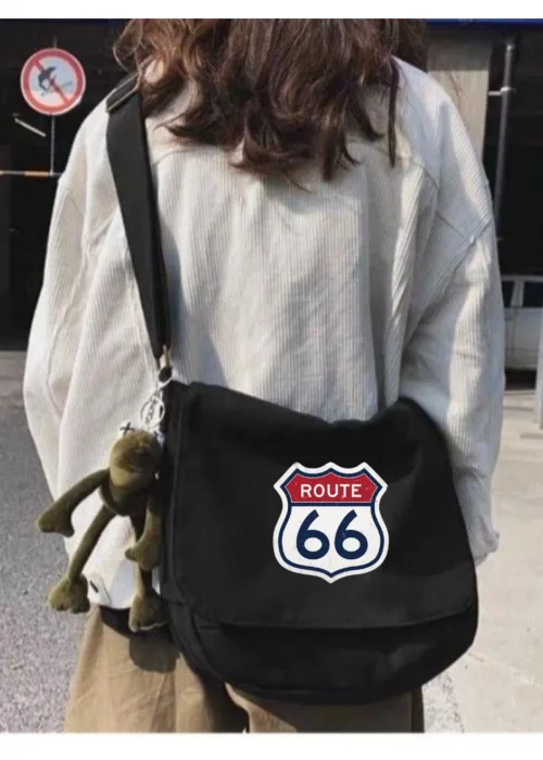 Siyah Cars Route 66 Baskılı Unisex Askılı Postacı Çanta
