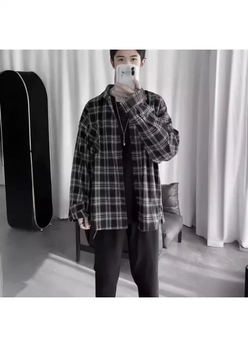 Siyah Çizgili Beyaz Oversize Kalıp Oduncu Gömlek