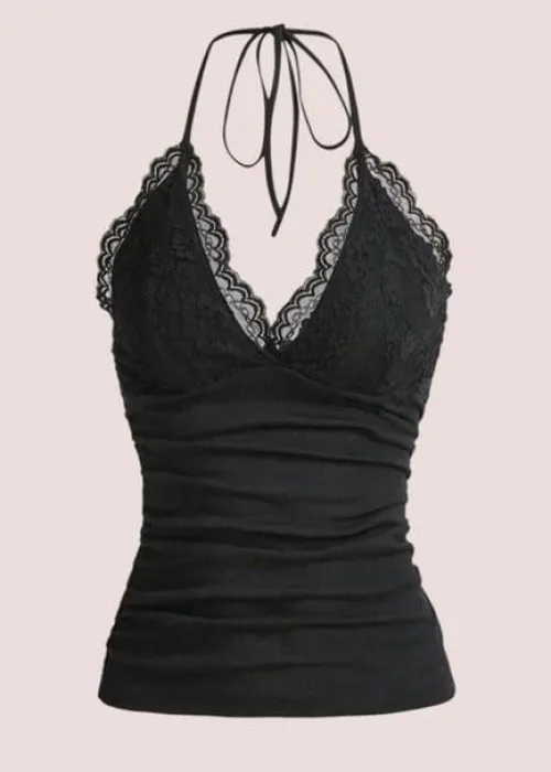 Siyah Dantelli V Yaka Gothic Boyun Bağlamalı Full Body Crop