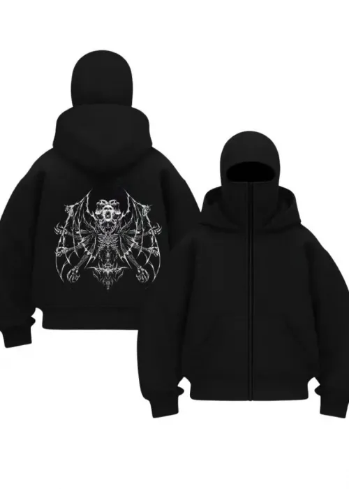 Siyah Death Angel Baskılı Kar Maskeli Unisex Sweatshirt Hırka