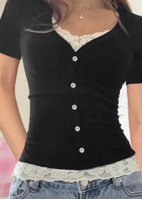 Siyah Düğmeli Dantel Yaka Ve Bel Detaylı Kısa Kollu Crop