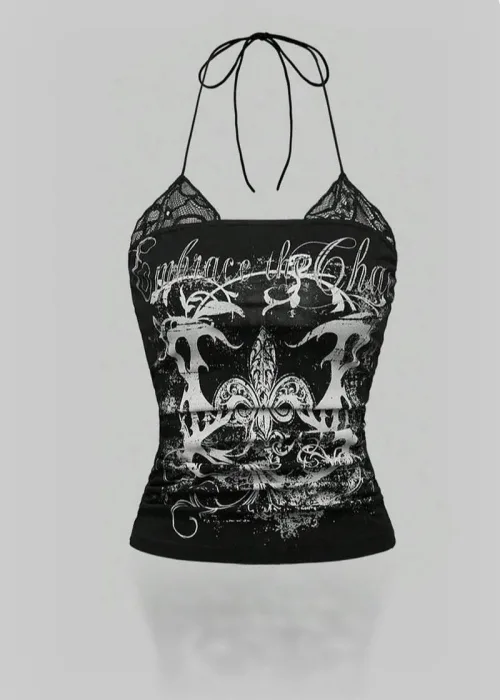Siyah Embrace The Chaos Dantelli Ek Askılı Crop