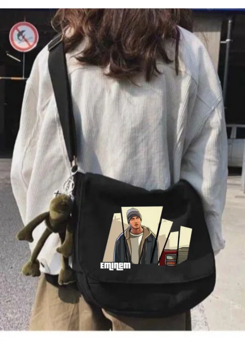 Siyah Eminem Baskılı Unisex Askılı Postacı Çanta