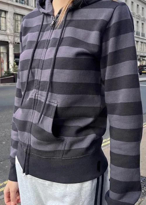 Siyah Füme Çizgili Kapüşonlu Y2K Crop Hırka