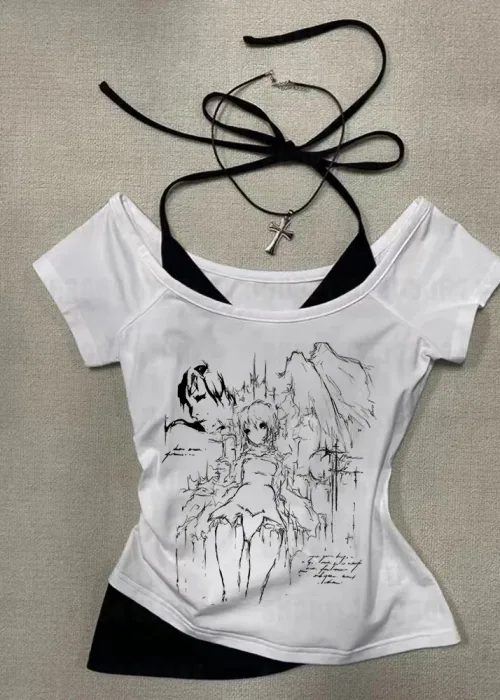 Beyaz Gothic Anime Yaka Ek Askılı Kısa Kollu Full Body Crop