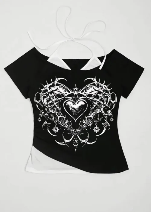 Siyah Gothic Love Yaka Ek Askılı Kısa Kollu Full Body Crop