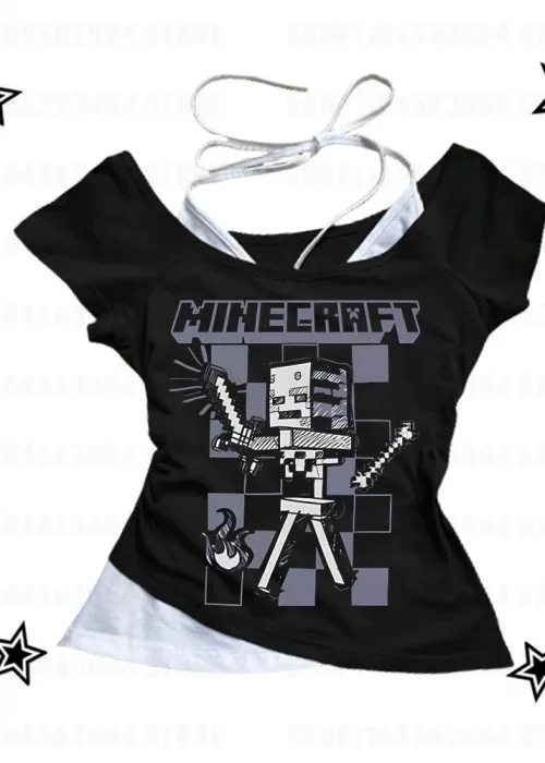 Siyah Gothic MıneCraft Yaka Ek Askılı Kısa Kollu Full Body Crop