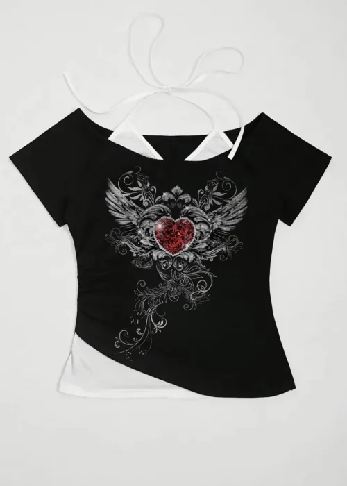 Siyah Gothic Red Love Yaka Ek Askılı Kısa Kollu Full Body Crop