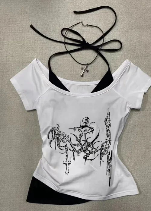 Beyaz Gothic Rock Yaka Ek Askılı Kısa Kollu Full Body Crop