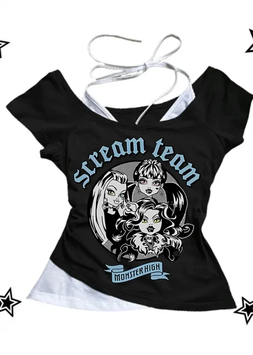 Siyah Gothic Scream Team Yaka Ek Askılı Kısa Kollu Full Body Crop