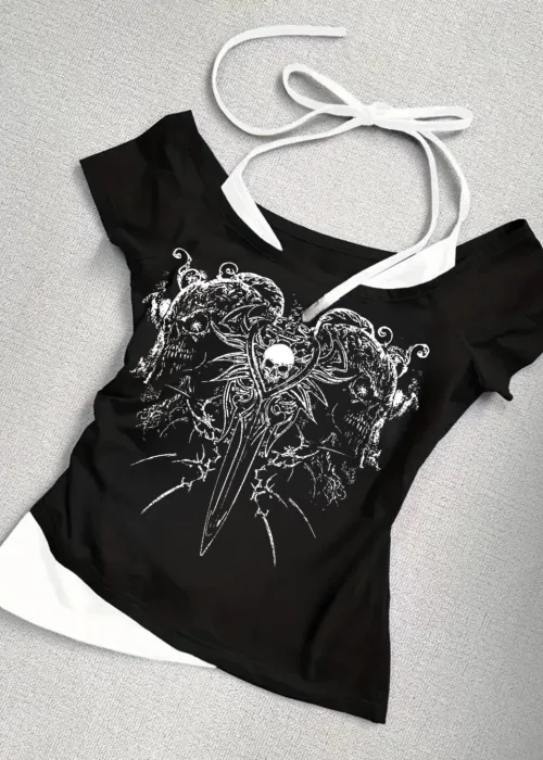 Siyah Gothic Skeleton Yaka Ek Askılı Kısa Kollu Full Body Crop