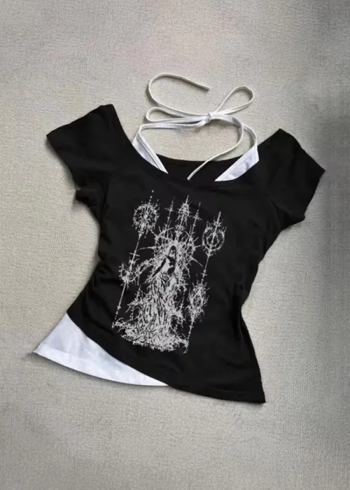 Siyah Gotik Wizard Angel Beyaz Ekli Y2K Kısa Kollu Crop