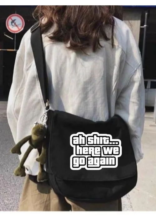 Siyah GTA Ah Shit Here We Go Again Baskılı Unisex Askılı Postacı Çanta