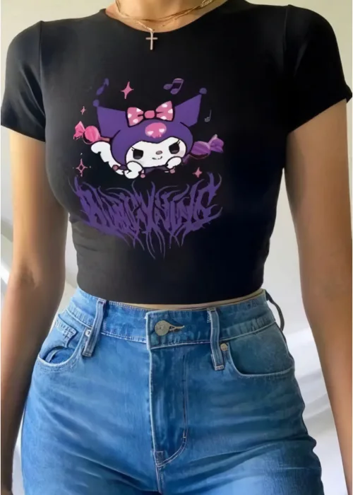 Siyah Harajuku Anime Kuromi Baskılı Crop