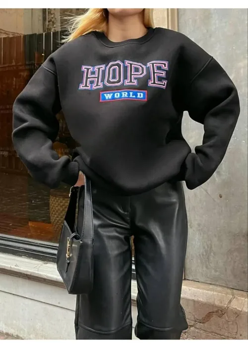 Siyah Hope World Kalın Oversize Sweatshirt Nakışlı